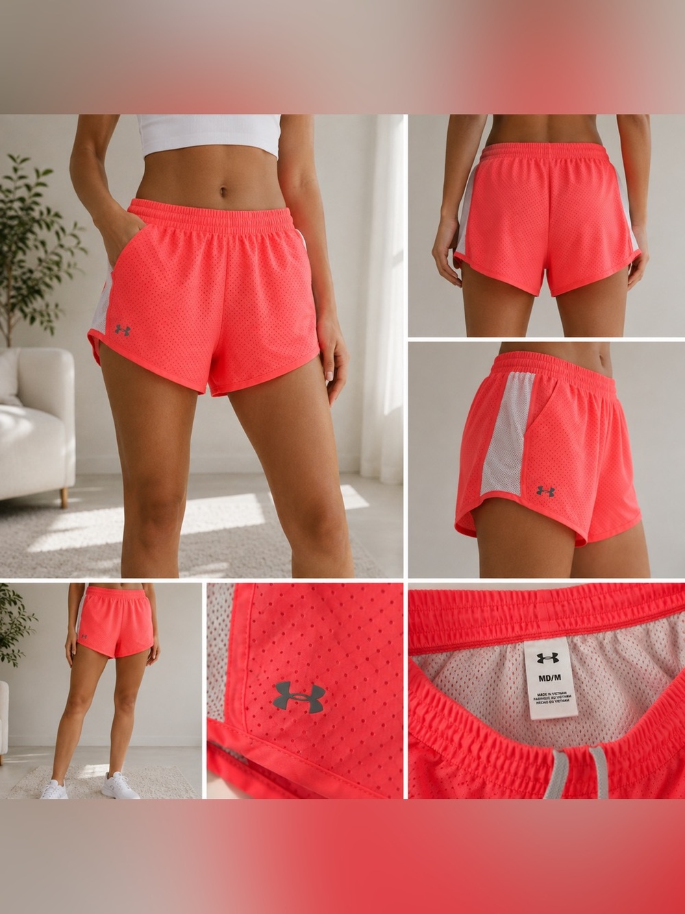 Under Armour Women's Coral Pink Athletic Mesh Shorts with White Panels